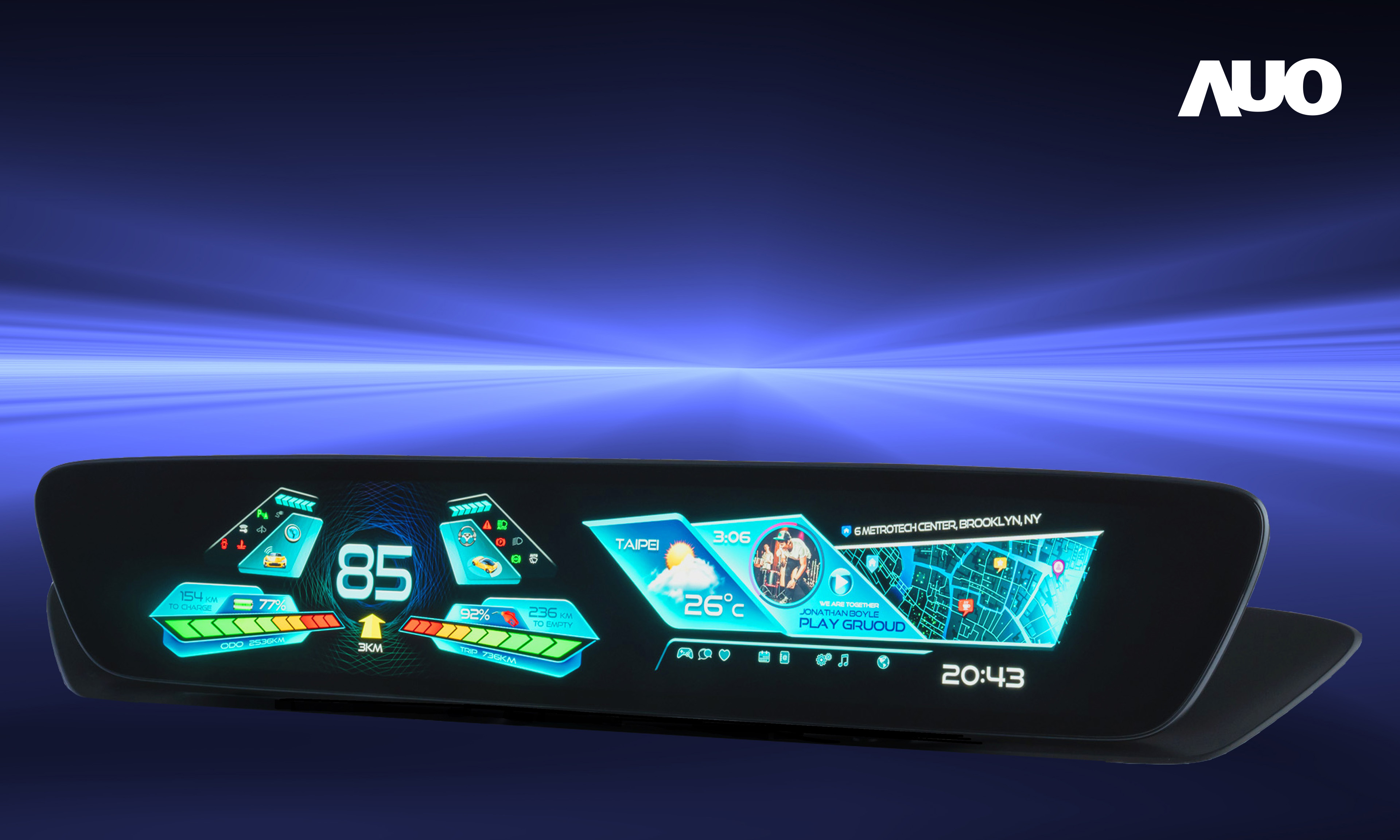 友達30.4吋異形曲面AmLED車載顯示系統，為一兼具儀表板及中控台人機介面的創新車載顯示系統，結合美學設計，提升車內科技沉浸感及使用體驗，讓車載顯示的未來應用更加多元化