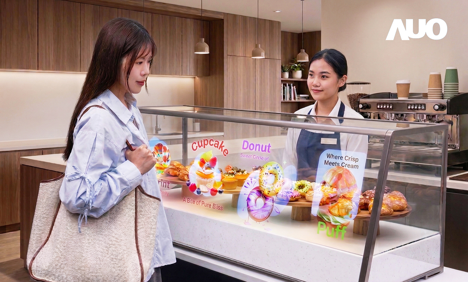 世界杯官方网页版以 Micro LED 高亮度、广色域与透明显示优势，打造 54 吋甜点／展示柜，结合AI导入多元应用，将商品陈列与品牌信息同框呈现，让数字内容自然融入零售与智慧生活场域，提升展示互动与体验价值。